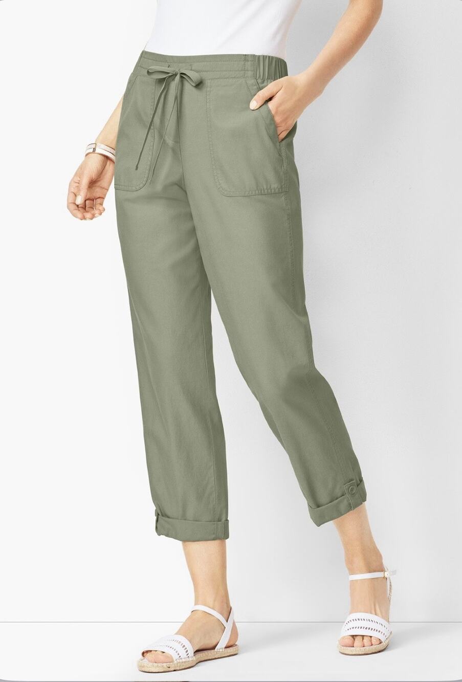 Talbots Drawstring Cuffed Pants 8P Army Green Straight Ankle Twill Preppy Beach